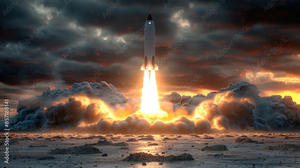 A spacecraft launches into space at sunset, creating a fiery trail A spacecraft launches into space at sunset, creating a fiery trail