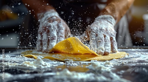Hands knead and shape dough, creating a flurry of flour in the air photo