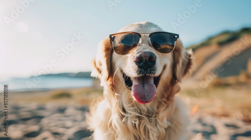  Dog Sitting and Panting with Sunglasses in a Hot Environment