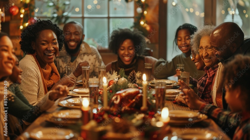 A joyful and cozy family dinner gathering during holiday season with diverse family members around a beautifully decorated table, enjoying each other’s company and festive atmosphere. A joyful and cozy family dinner gathering during holiday season with diverse family members around a beautifully decorated table, enjoying each other’s company and festive atmosphere.