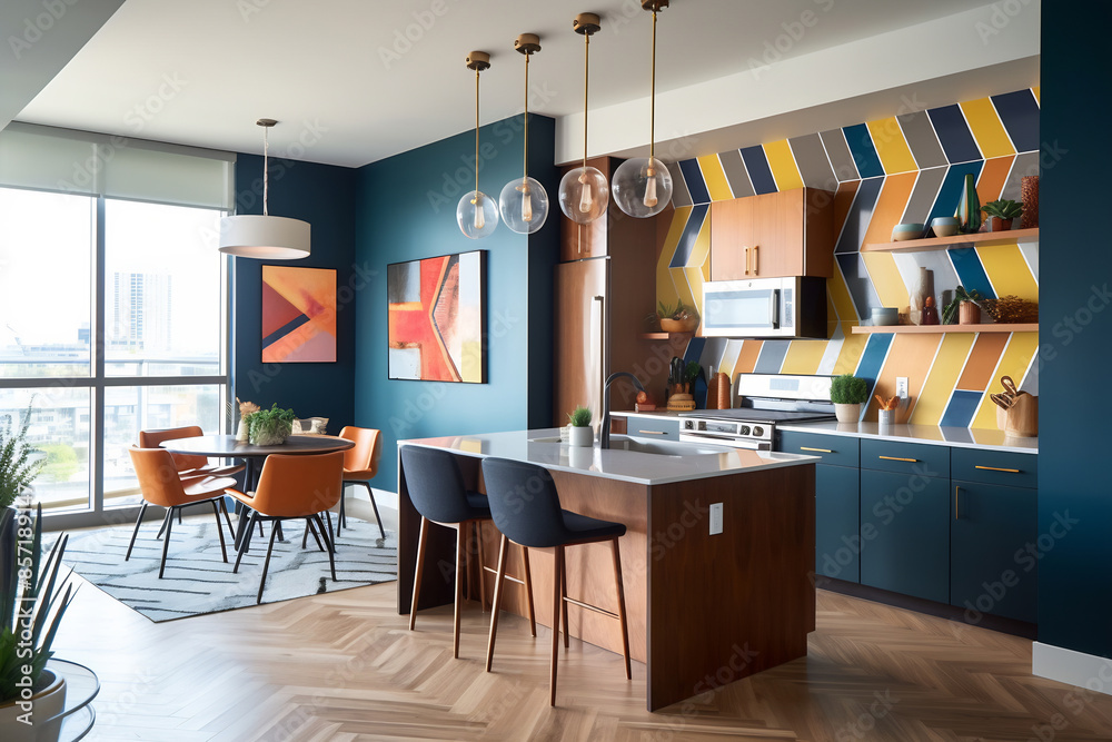 Modern kitchen interior with blue walls, geometric tile backsplash, and island seating Modern kitchen interior with blue walls, geometric tile backsplash, and island seating