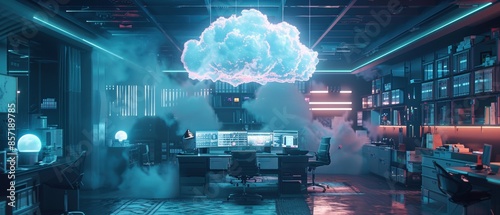 A digital cloud hovering over a futuristic workspace