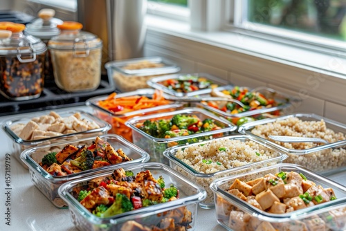 Healthy Meal Prep Containers on Modern Kitchen Countertop Filled with Grilled Chicken and Vegetables