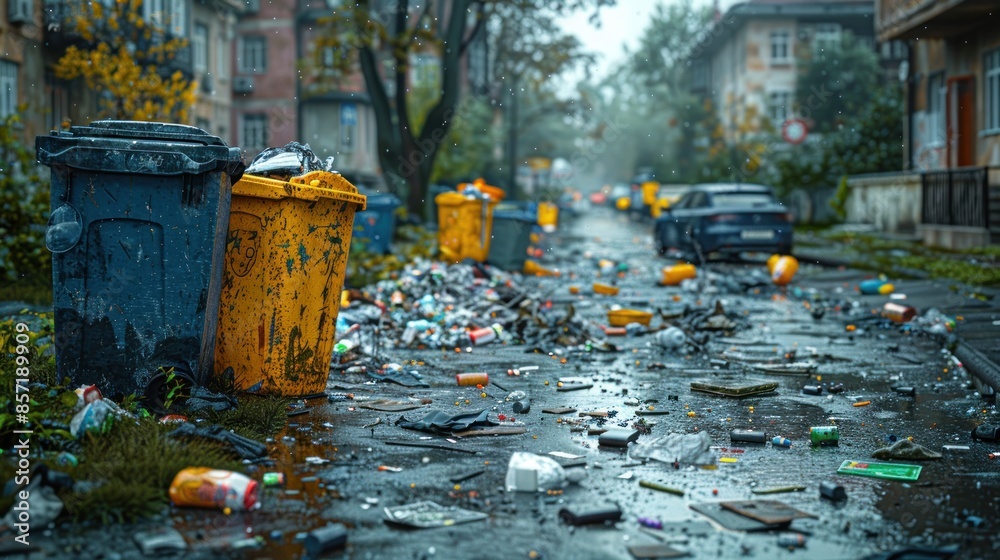 A street filled with trash and overflowing bins A street filled with trash and overflowing bins
