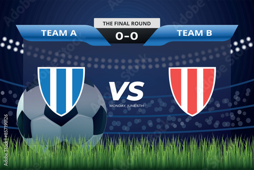 Soccer scoreboard team A vs team B design template. Soccer teams comparison banner with stadium background. Vector stock
