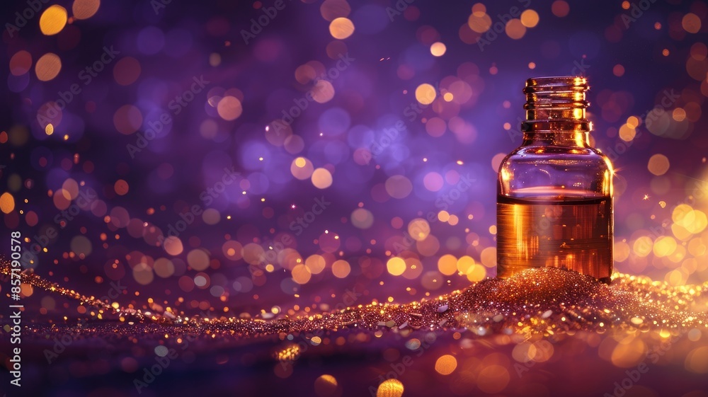 Small bottle of oil on glittery surface with bokeh lights in background Small bottle of oil on glittery surface with bokeh lights in background