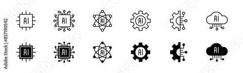 AI icon set. Line and glyph AI technology. Artificial intelligence chip and processor