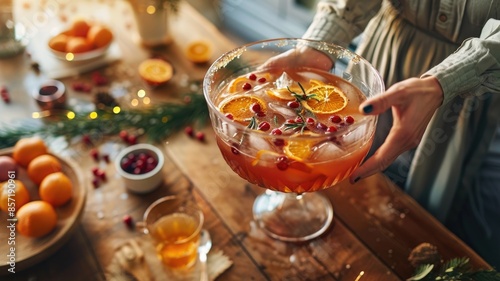 Woman preparing festive punch bowl with citrus and herbs on wooden table