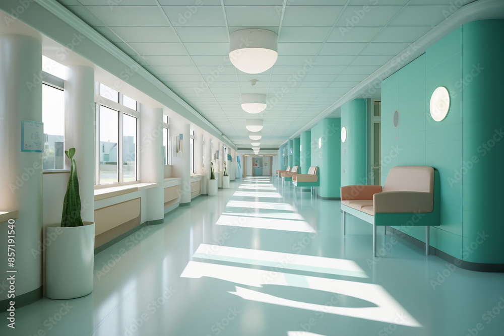 Long corridor in hospital with doors and reflections. Children's hospital concept Long corridor in hospital with doors and reflections. Children's hospital concept