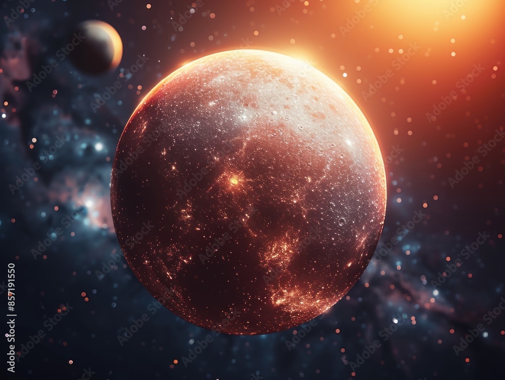 Fototapeta premium A fiery, celestial body illuminated by a distant star