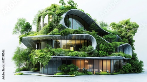 Ecofriendly building, sustainable architecture, 3D realistic, isolated on white background © watanu