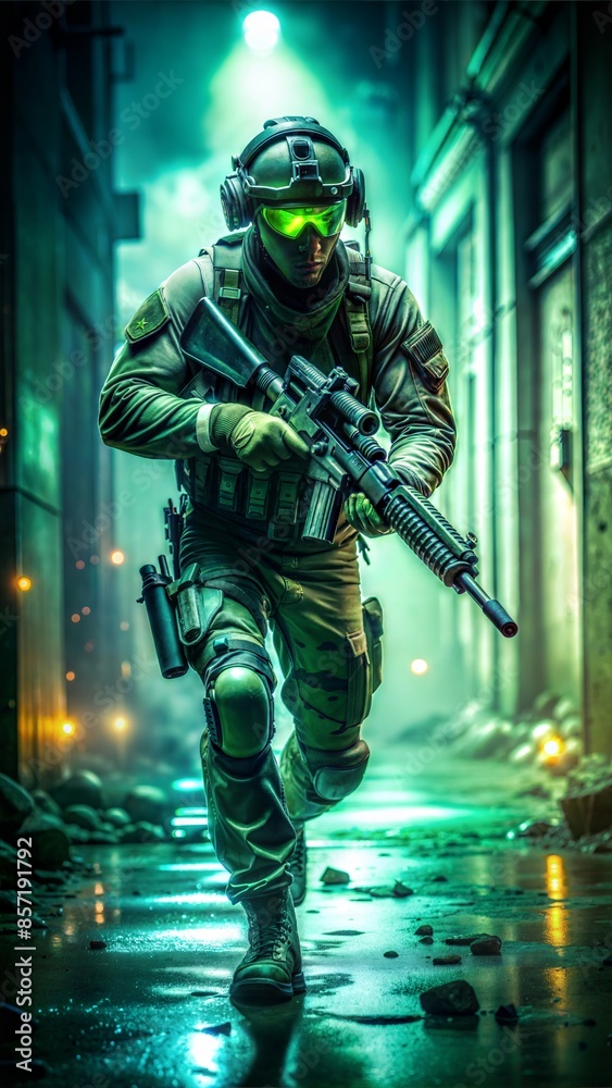 Naklejka premium Special forces operative clad in tactical gear, face obscured by a night vision goggles, creeping through a dimly lit urban landscape, scattered debris casting long shadows, night vision goggles 