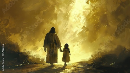 heartwarming digital painting of jesus walking with little girl towards light