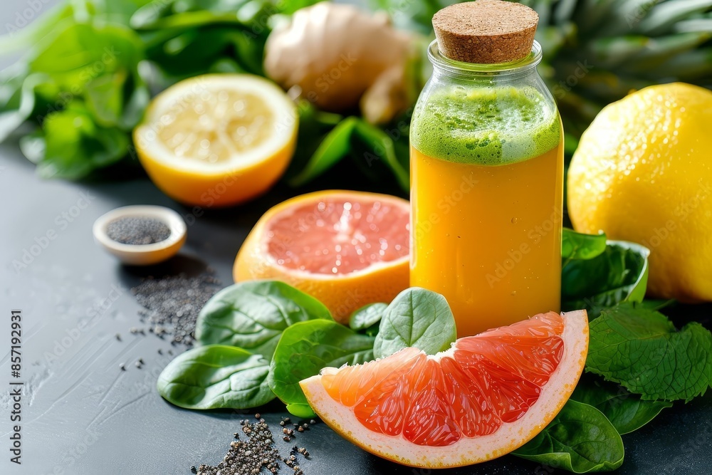 Freshly made grapefruit, lemon, ginger and spinach juice in a glass bottle.