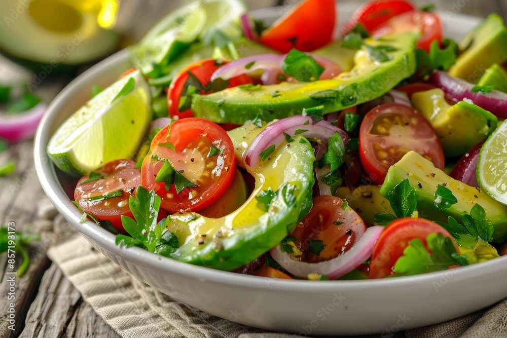 Vibrant Avocado Salad with Cherry Tomatoes, Red Onions, and Fresh Herbs in White Bowl Vibrant Avocado Salad with Cherry Tomatoes, Red Onions, and Fresh Herbs in White Bowl