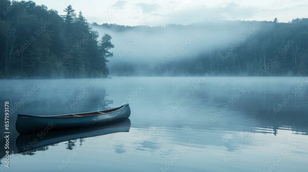 Tranquil Dawn Canoeing on a Misty Freshwater Lake Surrounded by Forest Reflections Tranquil Dawn Canoeing on a Misty Freshwater Lake Surrounded by Forest Reflections