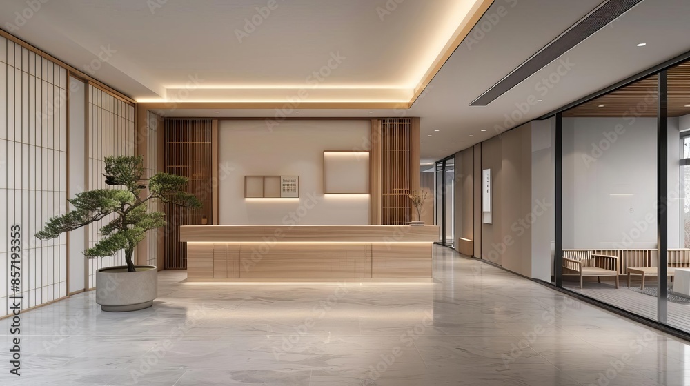 Modern minimalist reception area with a wooden desk and sleek design. Modern minimalist reception area with a wooden desk and sleek design.