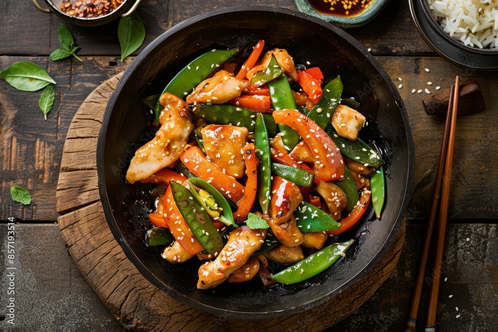Colorful Chicken Stir Fry in Wok with Bell Peppers, Snow Peas, and Savory Sauce - Perfect for Recipe Ideas Colorful Chicken Stir Fry in Wok with Bell Peppers, Snow Peas, and Savory Sauce - Perfect for Recipe Ideas