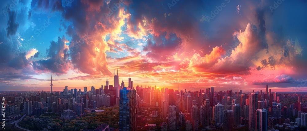 A dramatic city skyline at sunset with colorful clouds A dramatic city skyline at sunset with colorful clouds