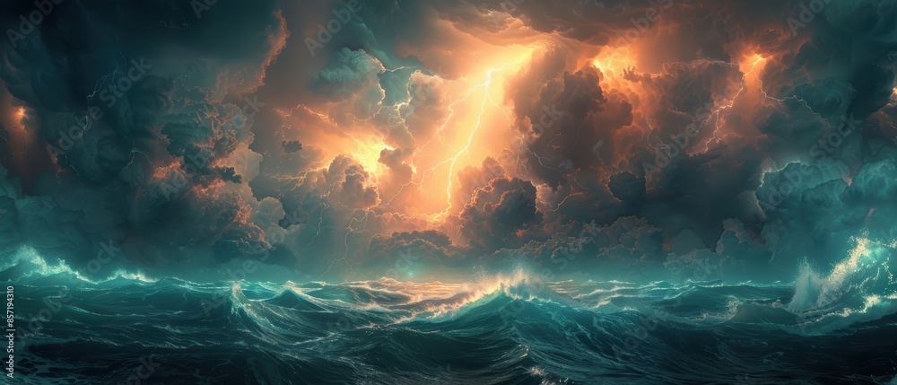 custom made wallpaper toronto digitalA dramatic image of a thunderstorm over a vast ocean, with dark clouds, lightning, and rough waves