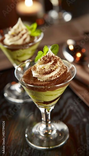 Elegant Avocado and Chocolate Mousse Dessert Topped with Whipped Cream and Cocoa - Perfect for Gourmet Dining
