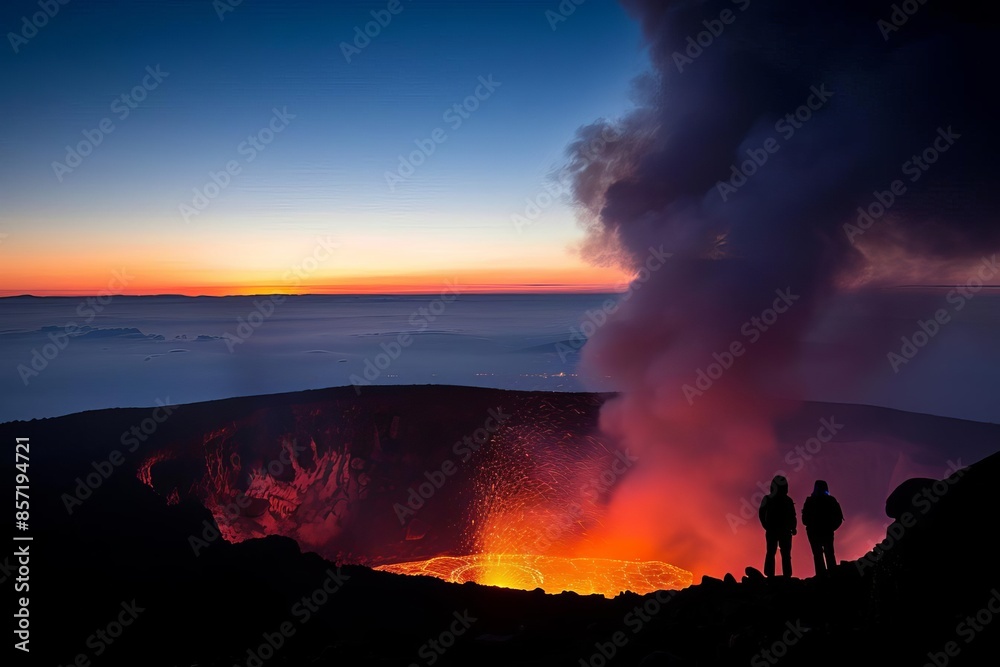 Two people observe a lava flow from a safe distance, smoke and fog fill the air. Two people observe a lava flow from a safe distance, smoke and fog fill the air.