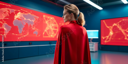 a woman in a superhero costume in front of a screen with a virtual world map