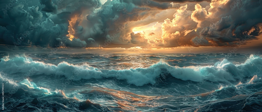 Fototapeta premium A dramatic seascape with stormy clouds and rough waves