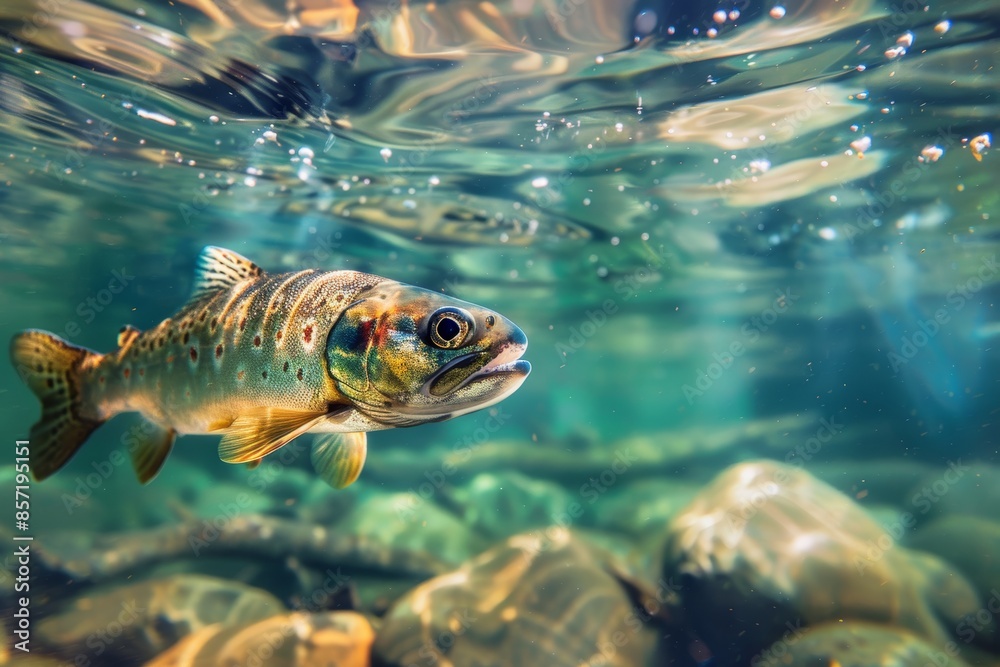 Underwater Freshwater Trout Swimming in Clear River with Detailed Riverbed Rocks and Clear Waters Underwater Freshwater Trout Swimming in Clear River with Detailed Riverbed Rocks and Clear Waters
