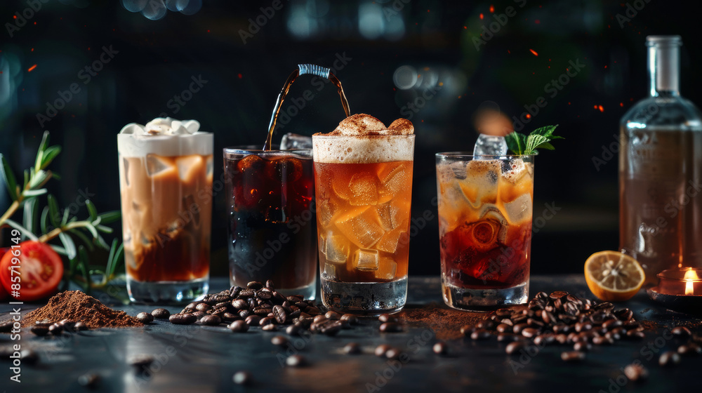 Espresso Tonic, a cold beverage featuring espresso and tonic in a glass. Iced coffee in a tall glass with cream poured over, accompanied by coffee beans Espresso Tonic, a cold beverage featuring espresso and tonic in a glass. Iced coffee in a tall glass with cream poured over, accompanied by coffee beans