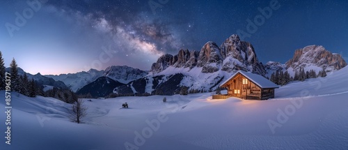 A small cabin is lit up at night in a snowy field photo