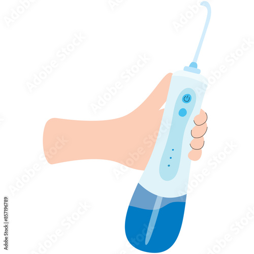 A human hand holds an oral irrigator or  water flosser. Oral hygiene and dental care.