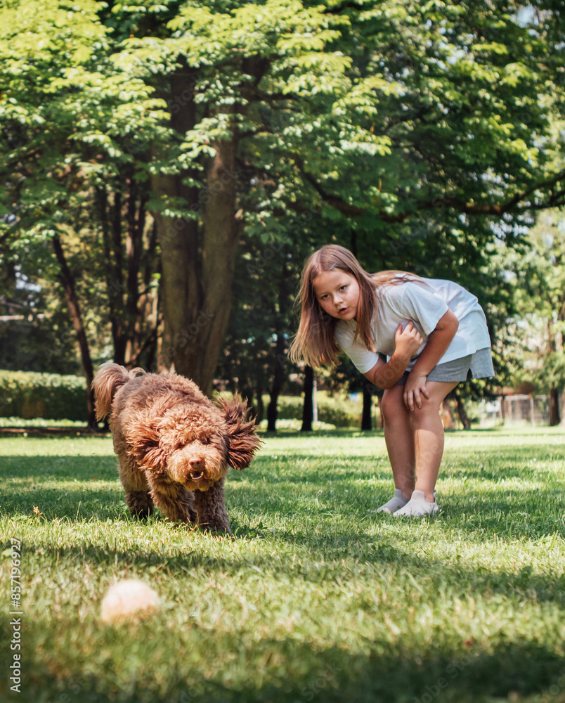 Joyful girl playing fetch with her energetic Maltipoo in lush park. Dog, captured mid-run with ears flapping, eagerly chases after tennis ball. Sunlight filters through trees during perfect day. Joyful girl playing fetch with her energetic Maltipoo in lush park. Dog, captured mid-run with ears flapping, eagerly chases after tennis ball. Sunlight filters through trees during perfect day.