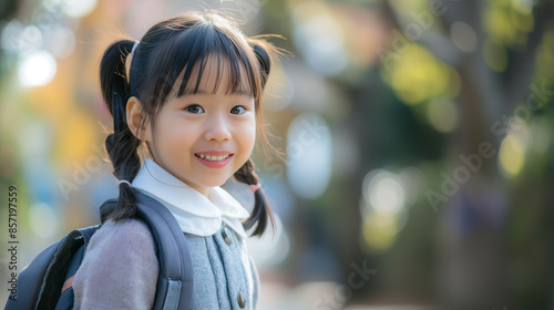 Menina japonesa de 6 anos de uniforme cinza e mochila sorrindo sobre fundo natural © vitor