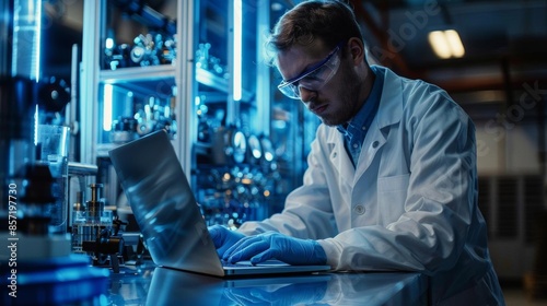 Scientist in lab coat working on laptop in a laboratory.
