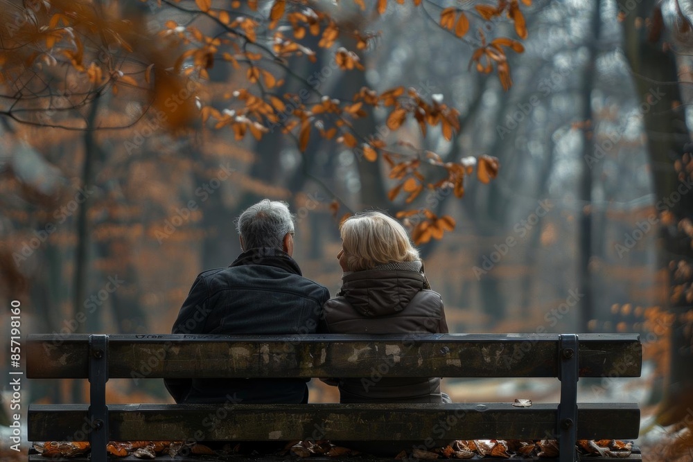 Senior couple sitting on a bench in an autumn park, looking at each other. Senior couple sitting on a bench in an autumn park, looking at each other.
