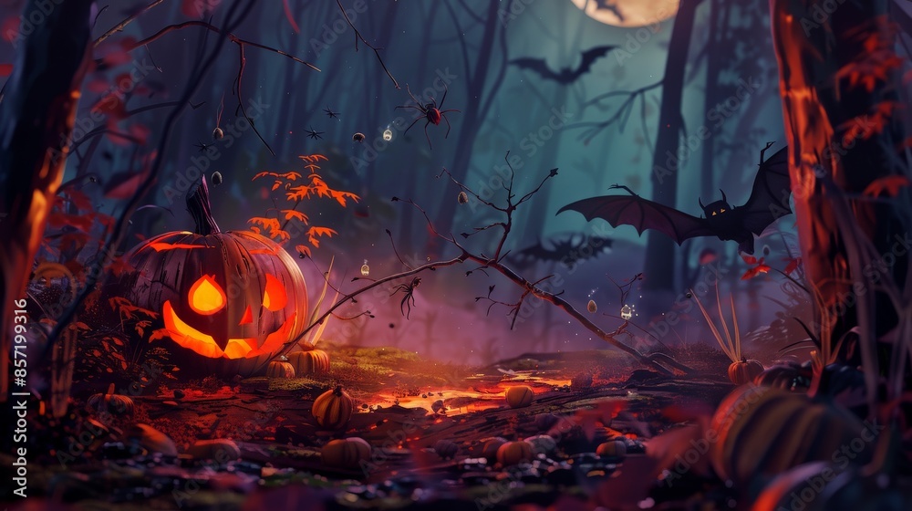 Fototapeta premium Pumpkin, night, bat, spiders, moon, halloween illustrations.