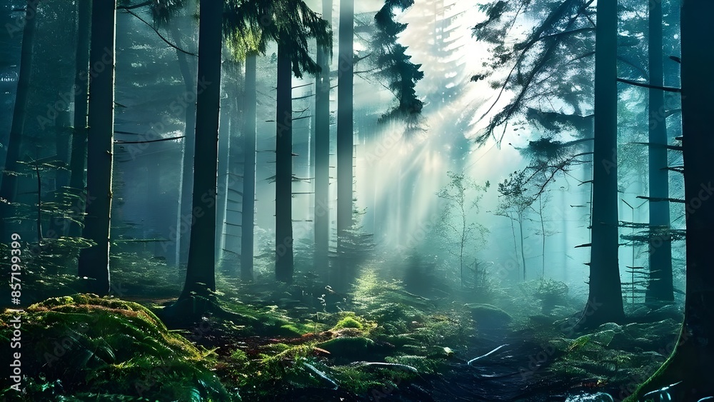 Obraz premium fog covered forest in summer with mystic golden sunlight