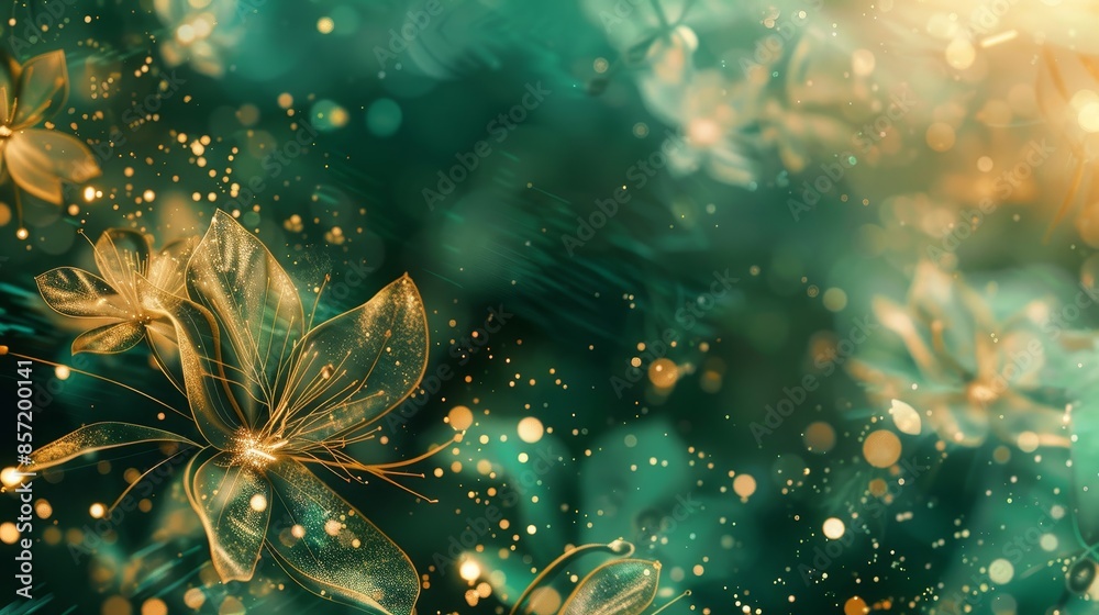 Fototapeta premium Emerald green and deep gold layers delicate floral motifs elegant festive vibe background