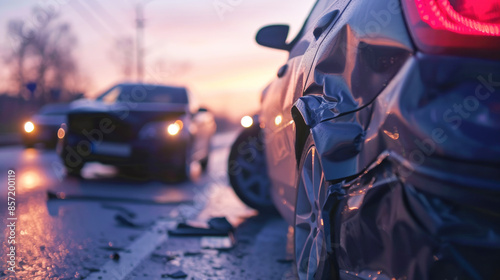 A passenger car damaged as a result of an accident, close-up, a minor car accident on the highway.