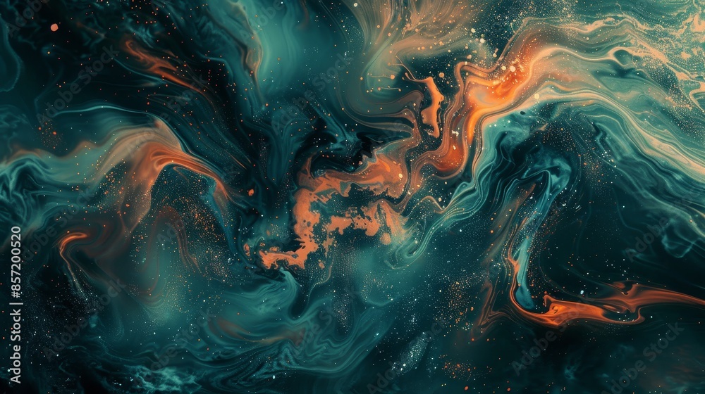 Dark teal and burnt sienna mix with glittering particles and swirling patterns celestial tranquility. background Dark teal and burnt sienna mix with glittering particles and swirling patterns celestial tranquility. background