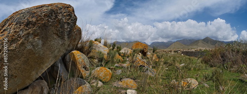 Kyrgyzstan, Cholpon-Ata. Huge stones scattered over a large area in the open-air museum of petroglyphs on the northern shore of Lake Issyk-Kul. Their age is 2000-5000 years. photo