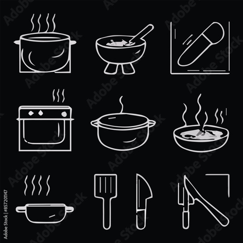 A blackboard with a black background, Kitchen utensils - pan, oven, cookbook, saucepan, weight, chef hat, blender, glass crockery, a blackboard with a pan, and a pot with a spoon