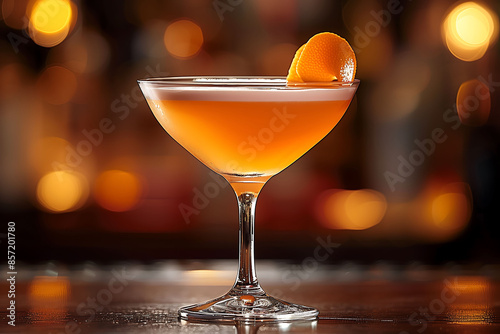 Elegant cocktail garnished with an orange twist, captured in a dimly lit bar