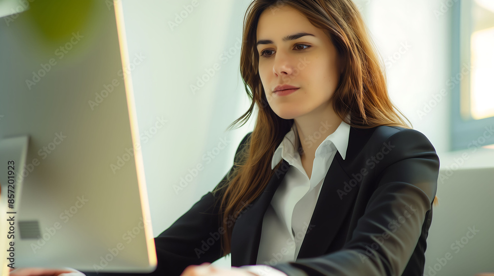 Focused young businesswoman working on her desktop computer in a bright office Focused young businesswoman working on her desktop computer in a bright office