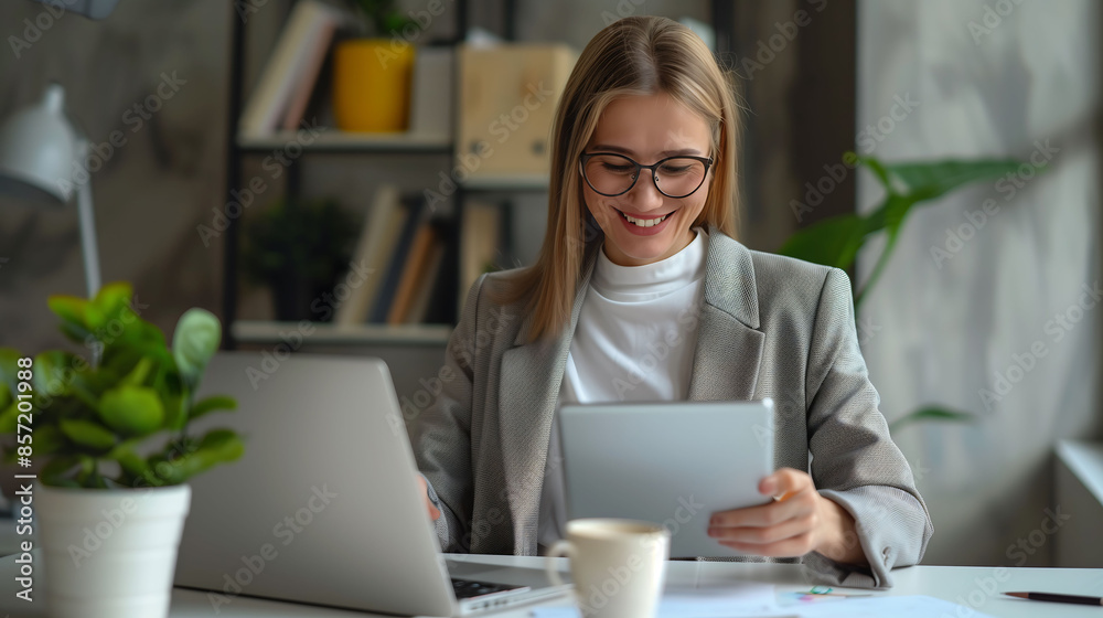 Professional woman in glasses taking notes on a digital tablet in a modern office Professional woman in glasses taking notes on a digital tablet in a modern office