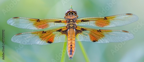 A high-resolution close-up of a dragonfly on a blade of grass, showing the intricate details of its wings and body photo