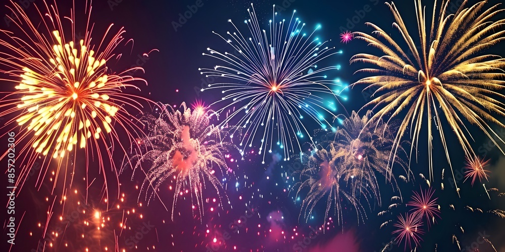 Naklejka premium Beautiful colorful firework show in sky at night for celebration happy new year party and copy space