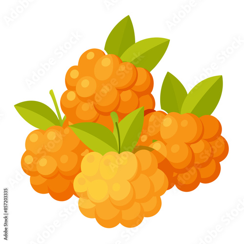 Fresh cloudberries with green leaves, highlighting their bright orange color and clustered formation.