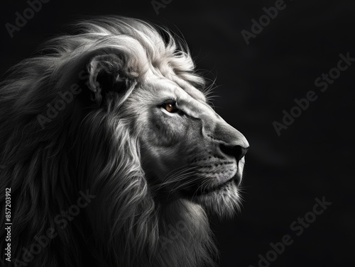 A close-up of a lion's face in black and white, great for editorial or commercial use